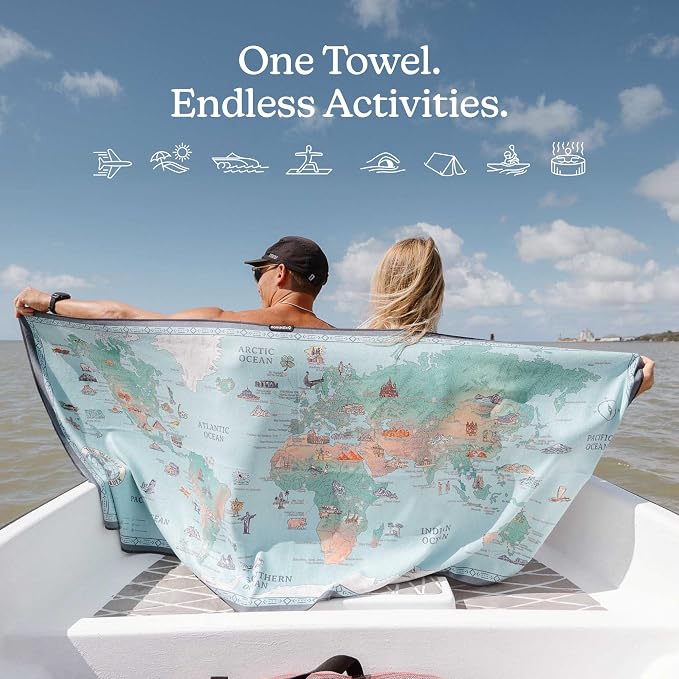 Nomadix Original Towel – Fast-Drying, Ultra-Absorbent, Sand-Resistant & Made from Recycled Materials - World Map - 72.5" x 30"