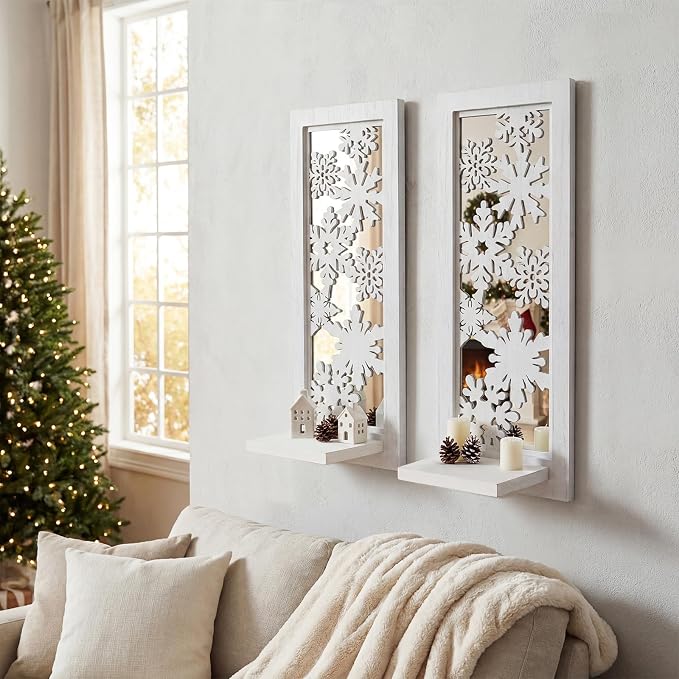 ZEXUIRU 2 Set Rustic Candle Sconces Living Room Bedroom Entryway Wood Mirrored, Farmhouse, Carved Frame Wall-Mount Wooden Candle Holders Wall Decor Hanging Handmade Holder - Distressed White