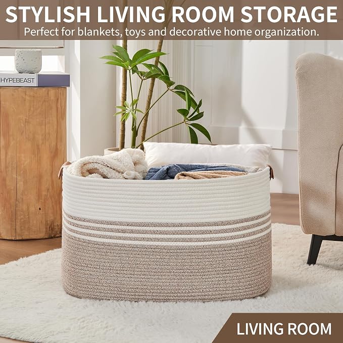 DOFASAYI Laundry Hamper with Handles, 72L Rope Laundry Basket, Light Brown | Cotton rope clothes hamper with leather handles holds blankets, pillows, toys and laundry in nursery, bedroom or living room