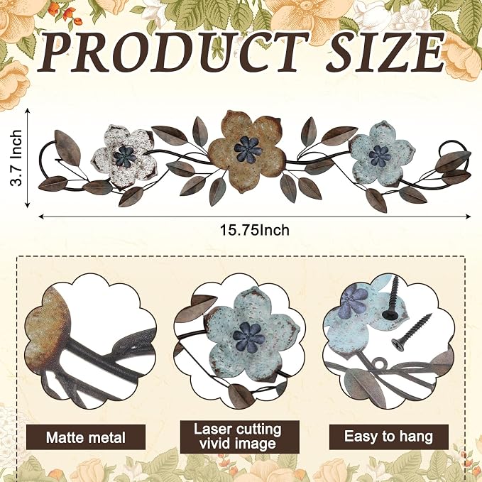 Wesiti Metal Flower Wall Decor Vintage Metal Flower Wrought Iron Scroll Sculpture 15.7''x3.7'' Not 3D, Flat Farmhouse Leaf Wall Decor with Nails for Summer Bedroom Kitchen Indoor Outdoor(Colorful)