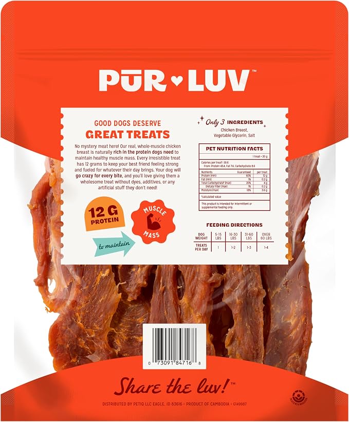 Pur Luv Chicken Jerky Dog Treats, Made with 100% Real Chicken Breast, 16 Ounces, Healthy, Easily Digestible, Long-Lasting, High Protein, Satisfies Dog's Urge to Chew | 3-ingredient jerky: whole-muscle chicken breast, 12g protein/treat; no dyes, fillers...