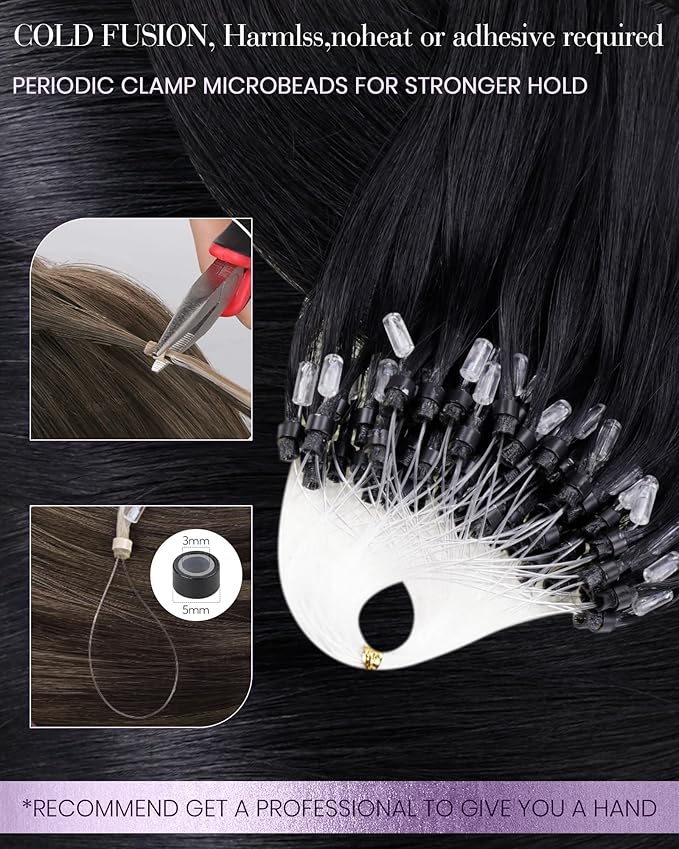 LaaVoo Micro Bead Hair Extensions Real Human Hair Microlink Extensions Black Hair Micro Loop Extensions Human Hair Cold Fusion 16inch 50g 50s