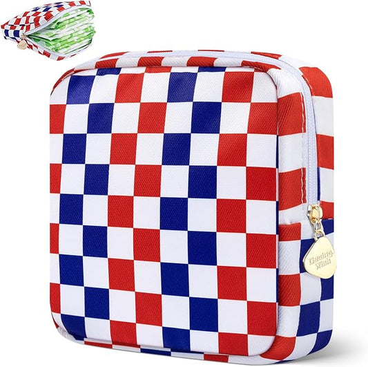 Period Bag Pouch Soft Cloth Sanitary Napkin Storage Bag Portable Menstrual Pad Pouches Tampon Holder for Purse First Period Kit for Girls 9-12 (Red-Blue Check)