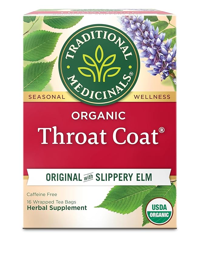 Traditional Medicinals Organic, Throat Coat Tea, Original with Slippery Elm - Supports Throat Health - Kosher, Non-GMO, Caffeine-Free, Compostable - 16 Tea Bags