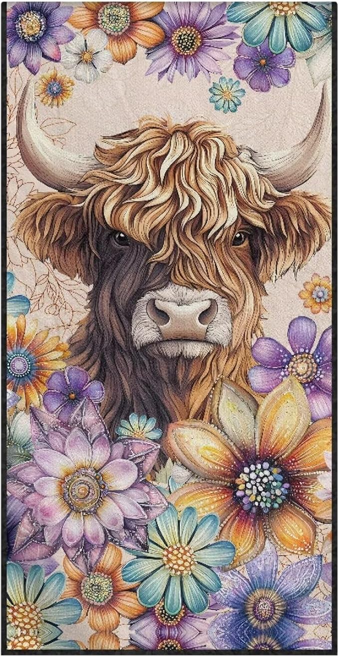 INSTANTARTS Aesthetic Dahlia Highland Cow Towel Car Seat Covers Sports Car Towel Mat for Yoga and Travel