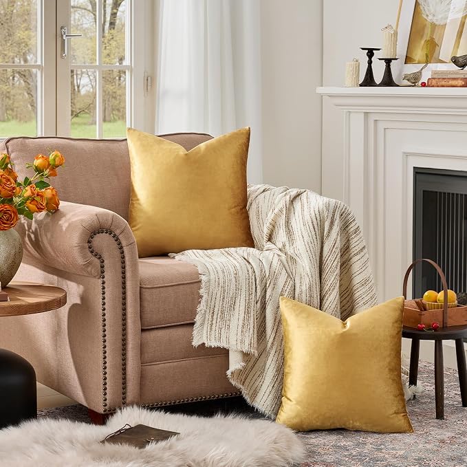 GIGIZAZA Golden Throw Pillow Covers 16x16 Decorative Velvet Cushion Covers Pack of 2 Pillowcase for Sofa | Throw Pillows for Couch Sofa,280gsm Soft Textured Fabric,Modern Square Pillowcases,Luxury Cushion Covers