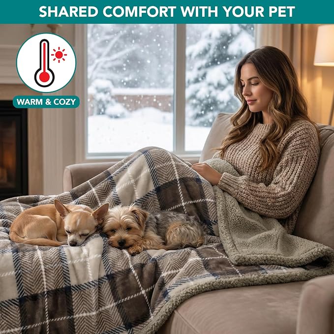 PetAmi Waterproof Dog Blanket for Small Puppy Cat, 29x40, Plaid Taupe | 460 GSM Sherpa Fleece Reversible, Pee Proof Pet Blanket, Furniture Protector Cover for Couch Sofa Kennel Crate, Washable
