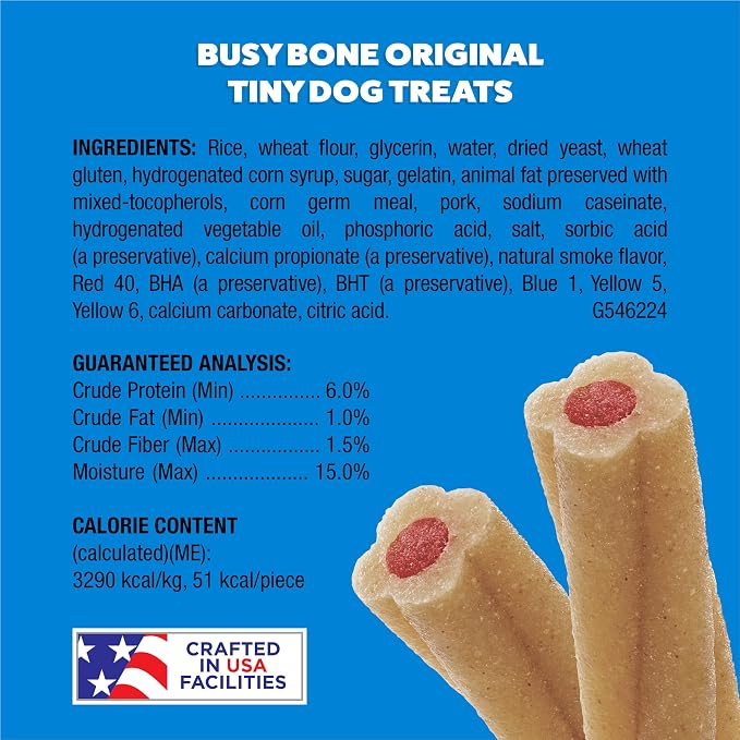 Purina Busy Bone Tiny Toy Breed Dog Chew Treats, Original, 60 ct Pouch | Rawhide free chew with a real meat center for small dogs up to 20 lbs, long lasting chew that helps clean teeth