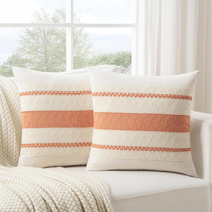Fancy Homi Set of 1 Boho Coral Decorative Throw Pillow Cover 22x22 Inch for Couch Bed Sofa, Aesthetic Modern Organic Farmhouse Home Decor, Soft Cotton Cute Accent Macrame Woven Cushion Case
