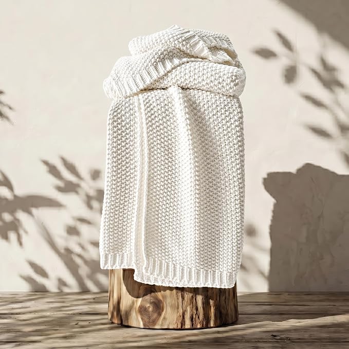 Organic Cotton Chunky Knit Throw Blanket, 60 x 80 Bright White | OCS Certified Organic Cotton, Seed Stitch Knit, Soft & Breathable, Cozy Midweight, Decorative Throw for Couch, Bed & Sofa