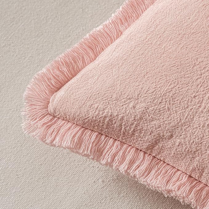 MIULEE Boho Linen Fringe Decorative Throw Pillow Covers Pink 20x20 | Set of 2, Cottagecore Decor, Boho Farmhouse Neutral Pillow Covers, Rustic Couch Cushion Cases for Sofa Bed Living Room