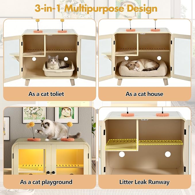 TV-Style Cat Cabinet with Side Steps, Litter Walkway, Dual Glass Doors, RGB Ambient Lighting, Interactive Pom-Pom Toys, Indoor Cat House Side Table, MDF & Glass Construction, Beige