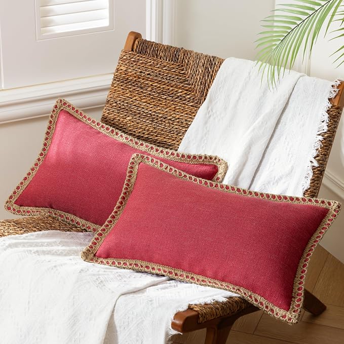 Phantoscope Pack of 2 Farmhouse Decorative Throw Decorative Pillow Cover Burlap Linen Trimmed Tailored Edges Red, Plain, 12 x 20 inches, 30 x 50 cm