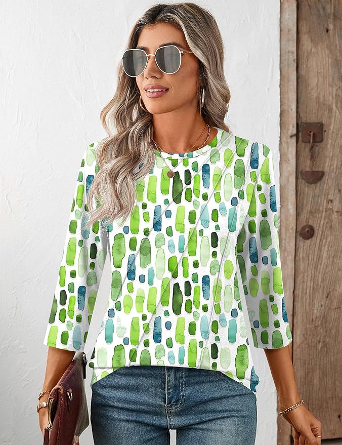 LOMON 3/4 Length Sleeve Womens Tops Spring Summer Fashion 2026 Tops Crew Neck Pleated Shirts Tunic Top Loose Fit
