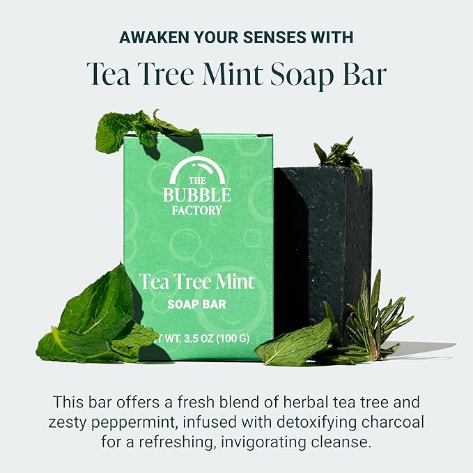 The Bubble Factory Handmade Natural Bath & Body Soap Bar, Vegan, All-Natural, Palm Oil Free, Made in USA with Shea Butter + Essential Oils, Tea Tree Mint, 3 Bars