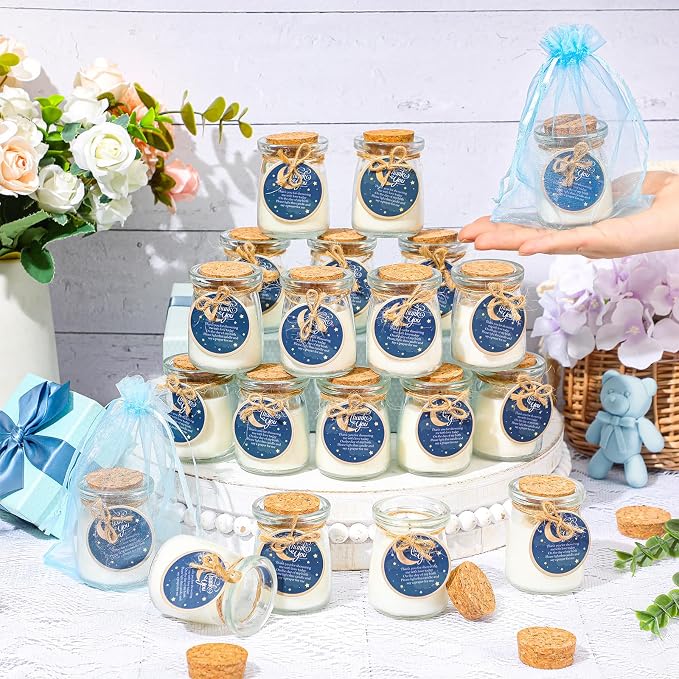 Threlaco 20 Pcs Moon Baby Shower Favors Party Candle Lavender Scented Glass Mason Jar Wax Candle Bulk for Guests Girl Boy Gender Reveal Party Return Gifts
