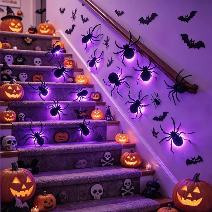 DR.DUDU 36 Pack Halloween Wall Decor Light up Spiders, Purple | 3D Spider Stickers, Removable Wall Decals, Assorted Sizes, PVC, Window Decorations, For Indoor Outdoor Bathroom Home Party