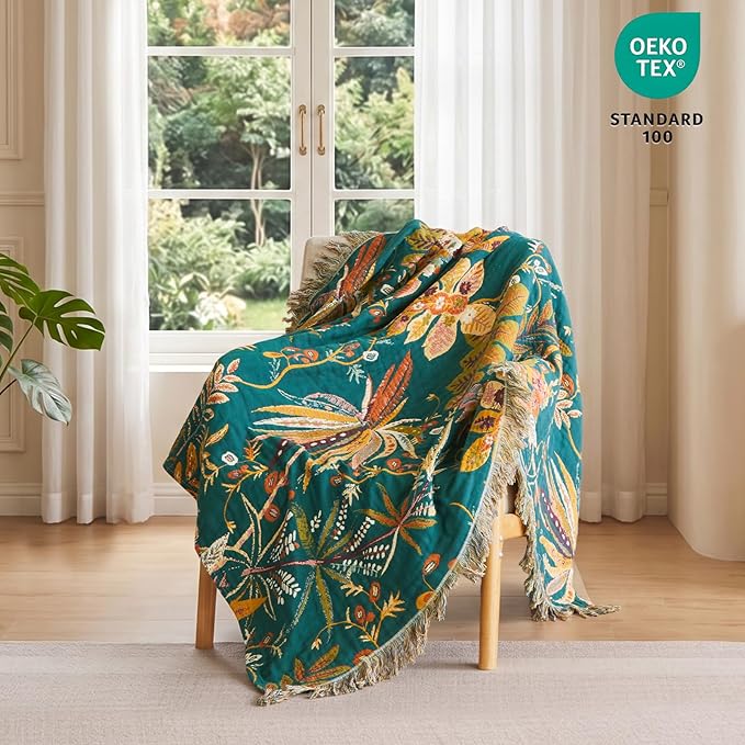 MSGKV Boho Throw Blanket 50"x60" Cotton Summer Floral Blanket for Couch | 100% Cotton Muslin, Floral Throw Blanket, Reversible Weave, Soft & Breathable, Botanical Home Decor, Machine Washable