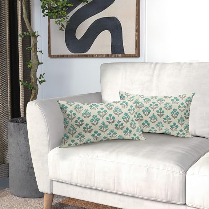 Teal Grey Gray Floral Pillow Covers 12x20 Inch Set of 2, Block Print Lumbar Flower Cream Decorative Throw Pillowcases Outdoor Farmhouse Rectangle Cushion Covers Spring Summer Sofa Couch Bed Decor