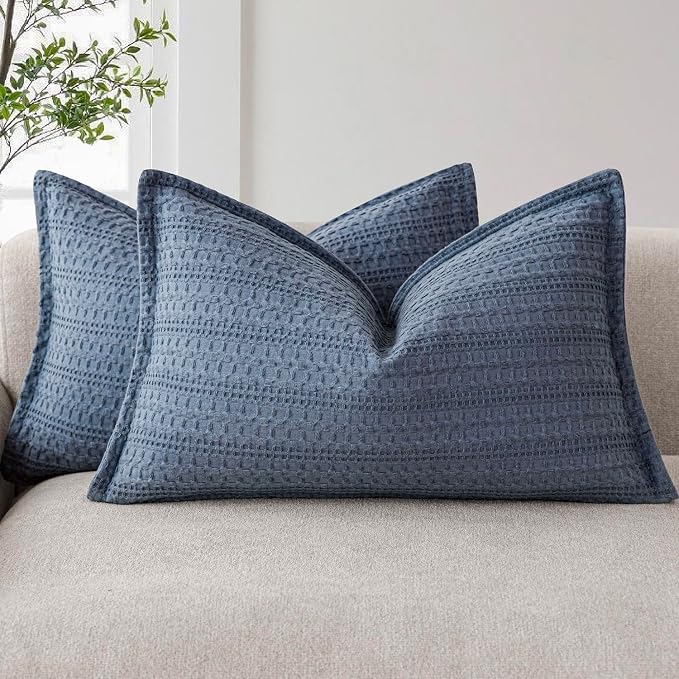 Foindtower Set of 2 Decorative Cotton Waffle Weave Lumbar Throw Pillow Covers Euro Shams Cushion Covers Accent European Pillowcase for Bed Couch Bedroom Living Room Home Decor 12×20 Inch Blue