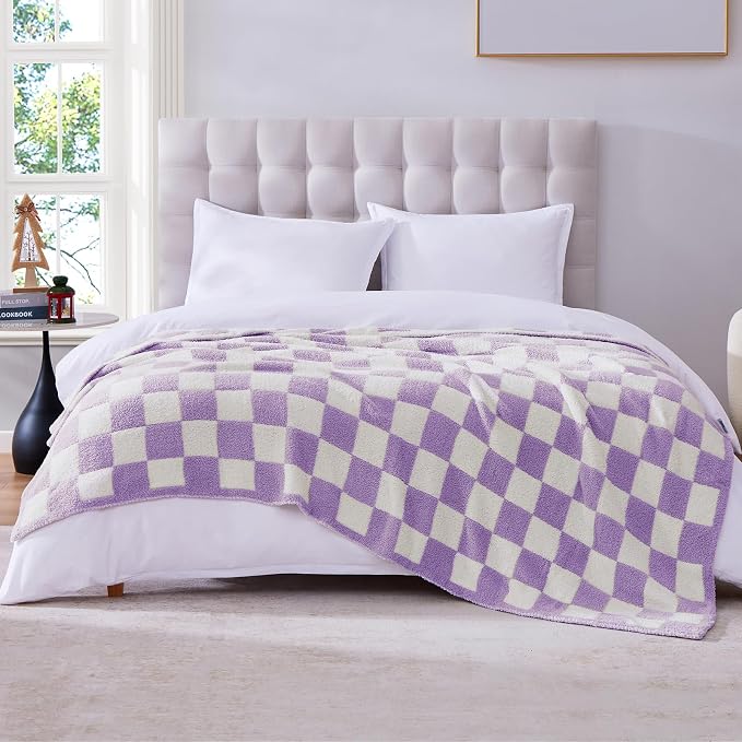 Soft Twin Size Checkered Blanket for Bed-Cozy Knitted Blankets | Lightweight Fluffy Warm Decor for Women, Mom, Her & Girls, Sofa, Chair, Couch, 60x80in,Purple