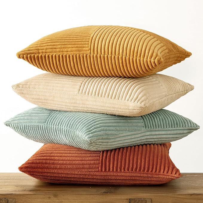 MIULEE Fall Teal Orange Decorative Throw Pillow Covers 18x18 Inch Set of 4 Boho Corduroy Striped Cushion Cases Modern Farmhouse Patchwork Pillow Cases for Couch Sofa Bedroom Home Decor