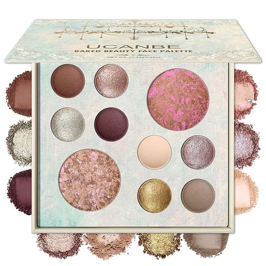 UCANBE All in One Baked Makeup Palette – Eyeshadow, Blush & Bronzer Face Kit, Neutral Pigmented Colors, Travel Size Compact, Full Face Makeup Gift Set for Women