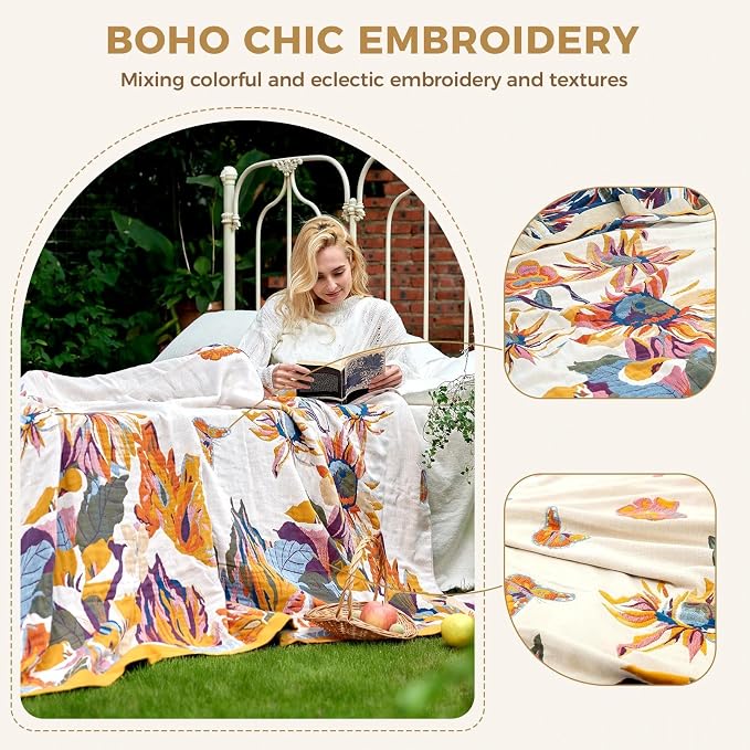 LUTBM Throw Blanket for Bed, 100% Cotton Boho Lightweight Quilt, Room Decor | Reversible 90"x98" Floral Butterfly Blankets, All-Season, For Chair Sofa Couch Room, Breathable Soft Bedspread for Summer