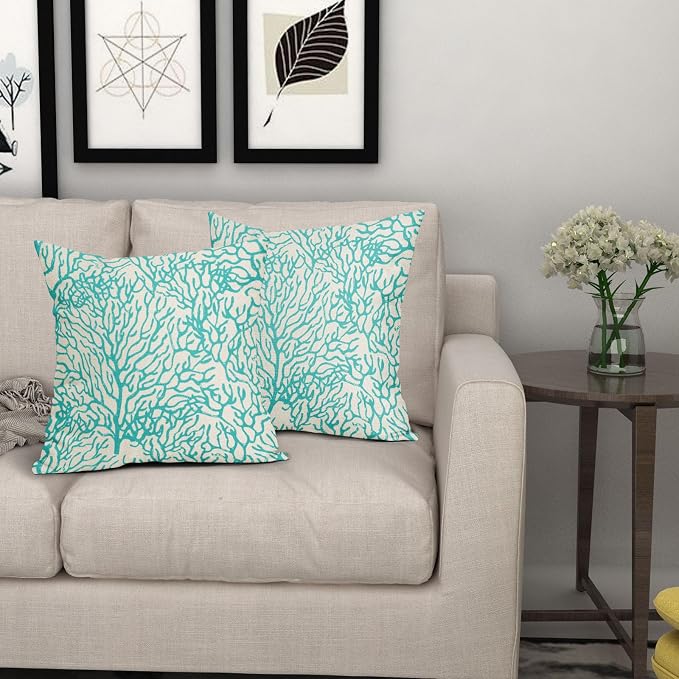 Nautical Coastal Coral Pillow Covers 24x24 Inch Set of 2 Summer Ocean Beach Teal Turquoise Decorative Pillow Cases Outdoor Linen Cushion Cover Farmhouse Decor for Bedroom Home Sofa Couch Bed
