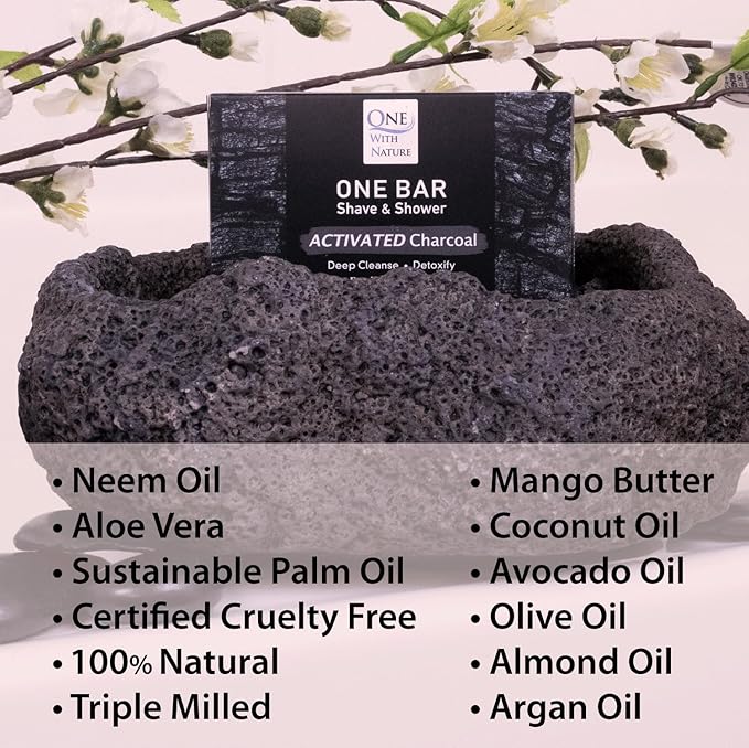 ONE Bar Activated Charcoal 3.5 oz 3 Pack - Shave, Shower, Shampoo, face, beard, body, hair/scalp, SuperFAT “oil” Infused: Avocado, Mango, Olive, Coconut, Argan, Moisturizing and Nourishing Oil.