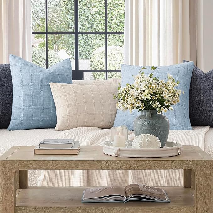 Foindtower Set of 2 Decorative Linen Check Throw Pillow Covers Neutral Farmhouse Lumbar Cushion Covers Modern Boho Accent Home Decor for Sofa Chair Couch Bedroom Living Room,12×20 Inch,Sky Blue
