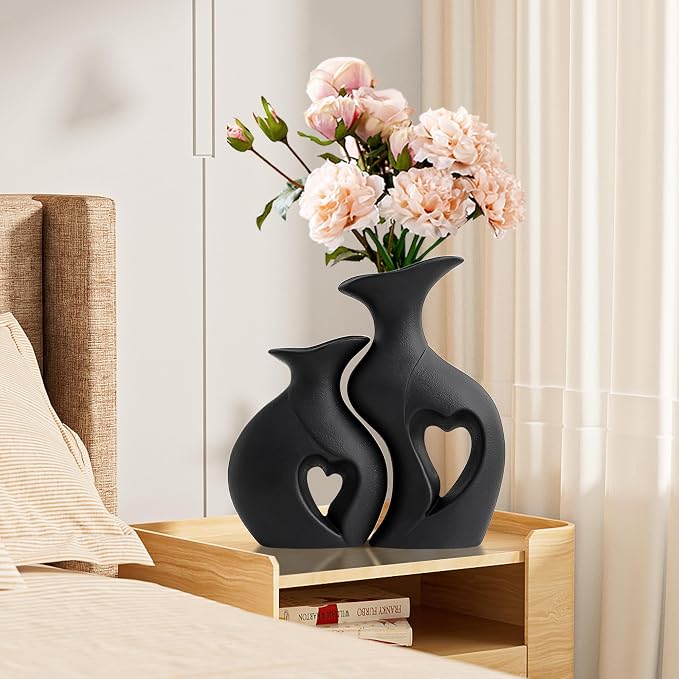 XL Black Snuggle Hollow Ceramic Flower Vase Home Decor Set of 2 | Heart Shaped, Minimalist, Decorative Flower Vase for Wedding,Living Room,Dining Table,Bedroom,Entryway,H 10.1 inches
