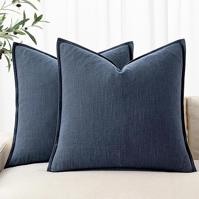 MIULEE Decorative Linen Euro Sham Pillow Covers 24x24 Indigo Blue | Boho Farmhouse Neutral Couch Throw Pillows for Bed, Pack of 2 Accent Coastal Modern Pillowcases, Sofa Livingroom Home Decor