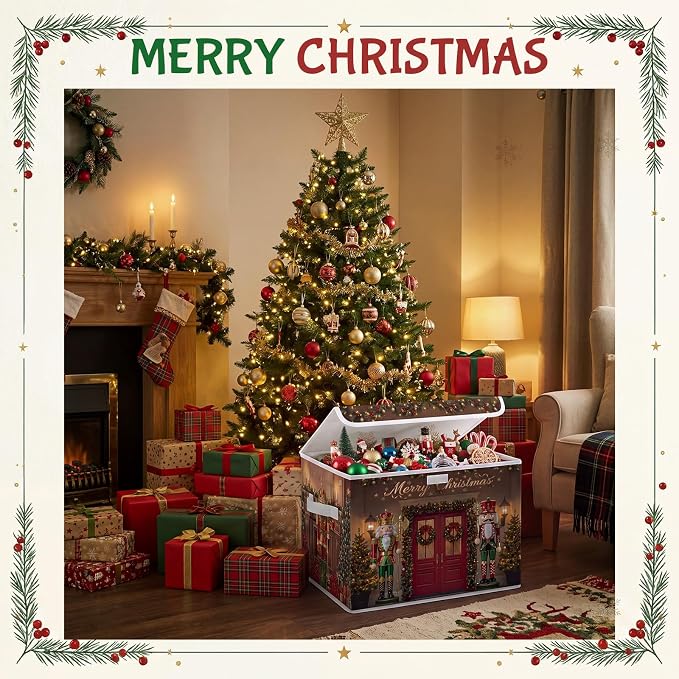 Briwooody Christmas Nutcracker Storage Bin with Lid and Carrying Handle Red Christmas Storage Box Large Xmas Nutcracker Decorative Collapsible Container Basket for Organizing Closet Home Bedroom Gift