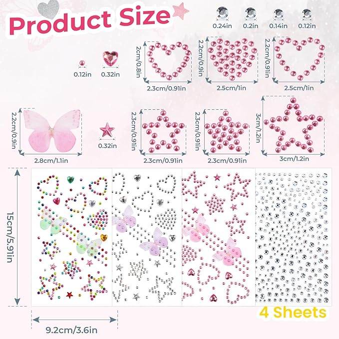 YGDZ Face Jewels, Face Gems Self Adhesive Rhinestones Stickers, Star Hair Gems, Butterfly, Heart Festival Face Stickers for Kids, Women, Y2K Rave Accessories
