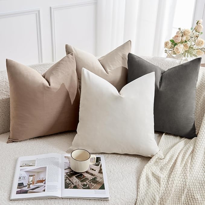 Throw Pillow Covers Set of 4 18x18 Inch Pillow Covers, Soft Velvet Neutral Beige Khaki Grey Pillowcases for Couch Sofa Bed Living Room, Home Boho Decor, Farmhouse Cushion Covers