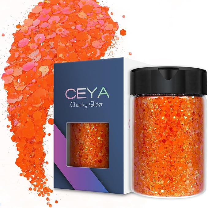 Ceya Chunky Glitter, 4.9oz/ 140g Iridescent Orange Craft Glitter Powder Mixed Fine Flakes Halloween Glitter Sequins for Pumpkin Crafts, Nail Art, Hair, Epoxy Resin, Tumblers, Slime, Festival Decor