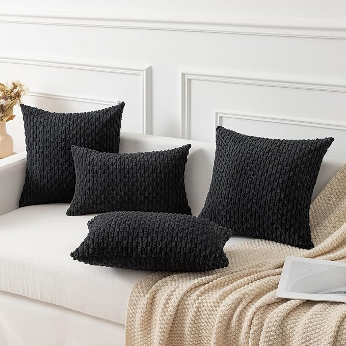 Kevin Textile Soft Corduroy 12"x20" Lumbar Pillow Cover 1 Pack, Black | Boho Stripe Plush Corduroy Decorative Oblong Cushion Cover Modern Farmhouse Home Decor for Sofa Couch Bed Chair