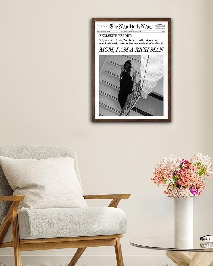 EcoHest 12x16 in Mom I Am a Rich Man Newspaper Framed Wall Art | Walnut Color Solid Oak Frame, Canvas Wall Art, Girly Fashion Magazine Decor for Bedroom, Apartment, Dorm, College Room, 1Pack
