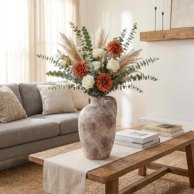 Ceramic Flower Vase with Handles,10" Neutral Tall Clay Terracotta Vases Farmhouse Table Vases with Handle Living Room Decor Rustic Pottery Pots for Home Shelf Coffee Dining Desk Fireplace