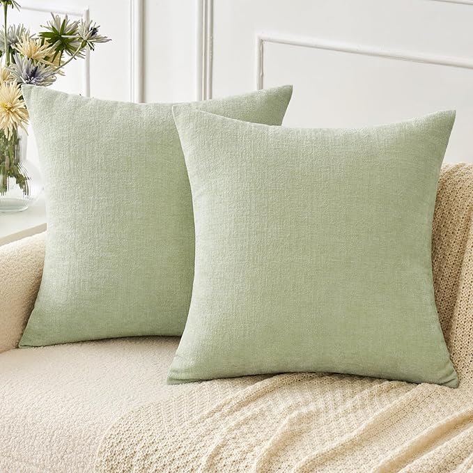 MIULEE Soft Chenille Throw Pillow Covers Light Green 16x16 Inch Pack of 2 | Modern Home Decor, Classic Decorative Pillows, Solid Dyed Cases, Boho Couch Cushion Covers for Sofa Bed Living Room