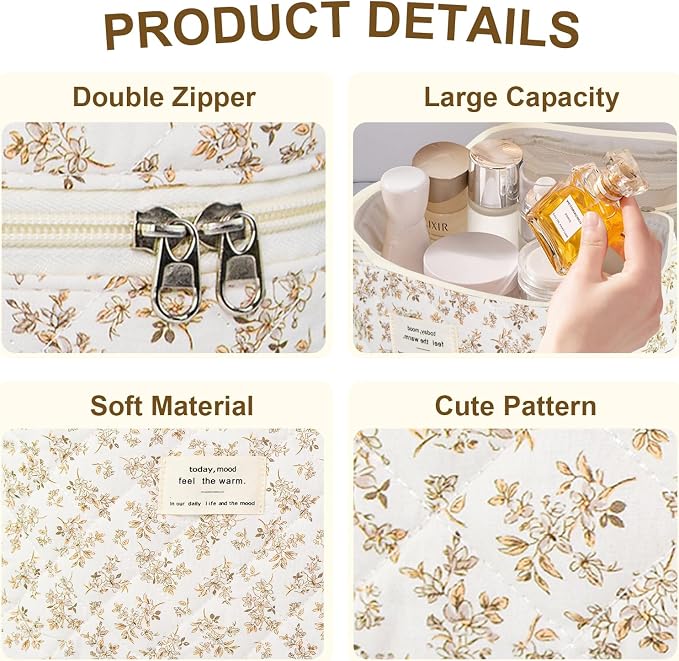 GISMTR 3Pcs Makeup Bag Cotton Quilted Travel Cosmetic Bag Cute Floral Makeup Pouch Large Toiletry Bag for Women Girls