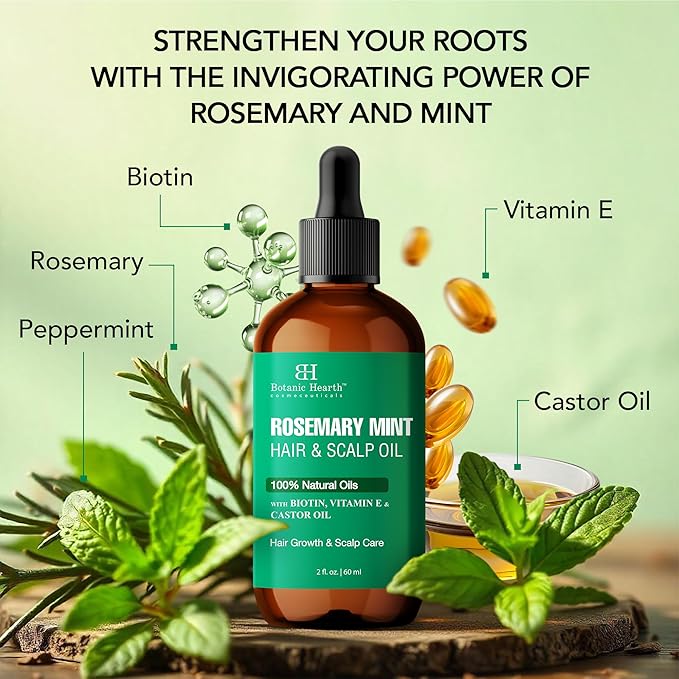 Botanic Hearth Hair Oil for Hair Growth & Hair Treatment Oils | Strengthening Dry, Frizzy, Damaged Hair & Scalp Treatment | Rosemary Mint Hair Oil – 2 Fl Oz