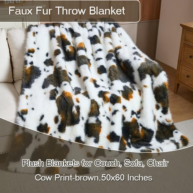 Luxury Fluffy Faux Fur Throw Blanket,Thick Fluffy Silky Fuzzy Cozy Blanket,Plush Blankets for Couch, Sofa, Chair, Bed-Cow Print-Brown 50 * 60inch