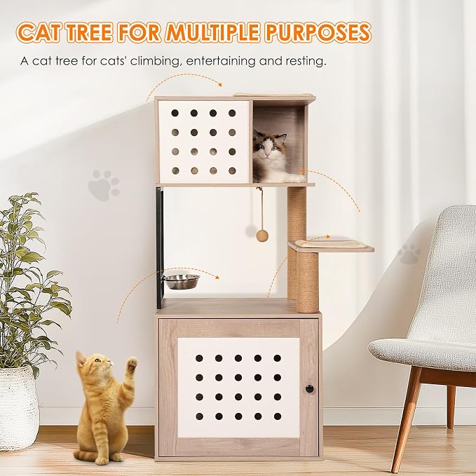 Cat Tree & Litter Box Enclosure,Modern All-in-one Indoor Cats Tower with Large Platform, Cat Condo with Wood House, Food Station, Hammocks (21.7”)