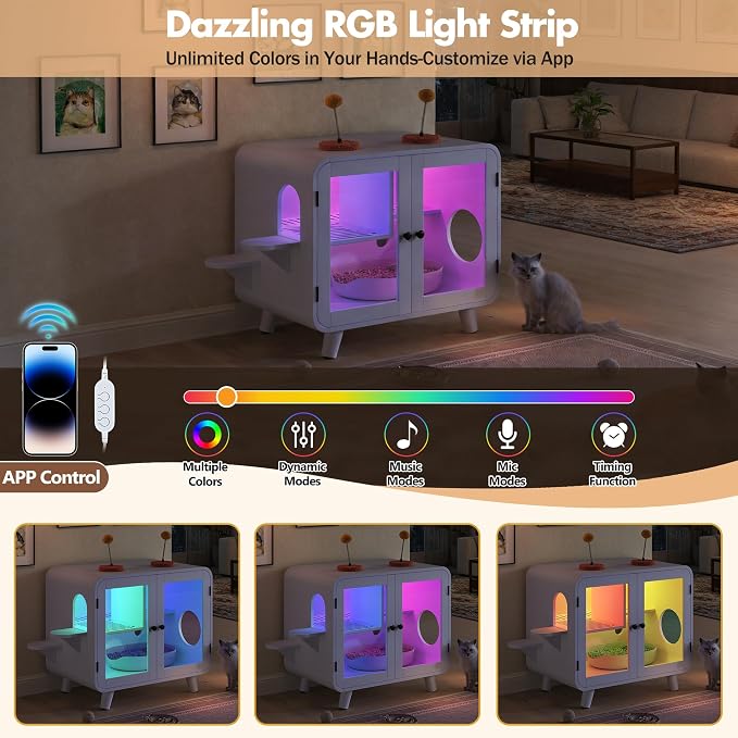 TV-Style Cat Cabinet with Side Steps, Litter Walkway, Dual Glass Doors, RGB Ambient Lighting, Interactive Pom-Pom Toys, Indoor Cat House Side Table, MDF & Glass Construction, White