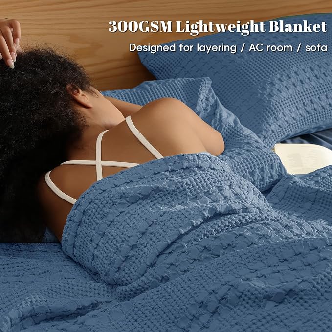 PHF 100% Cotton Waffle Weave Blanket Queen Size, Lightweight Breathable Summer Blanket for Hot Sleepers, Pre-Washed Soft Layer for Bed, Couch, Aesthetic Home Decor & Gift, 90"x90", Denim Blue