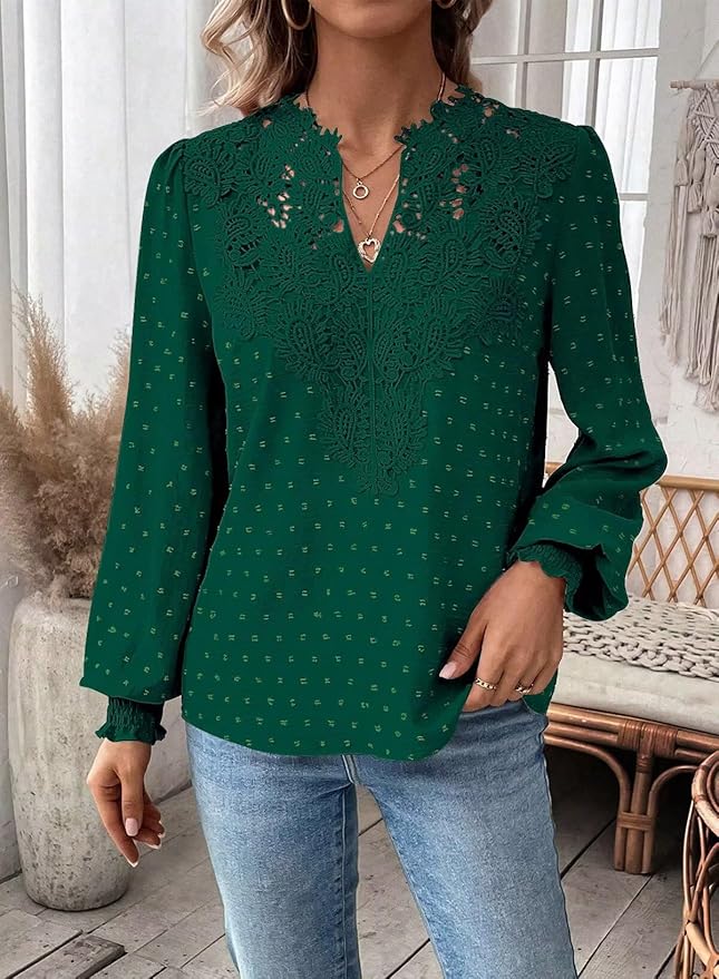 Womens Tops Swiss Dot Boho Long Sleeve Shirts V Neck Casual Chiffon Blouses Flowy Lace Hem Cute Clothing Trendy 2026