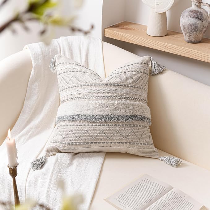 Gray Decorative Throw Pillow Covers 20x20 Combo Set of 2 Square Boho Neutral Grey Accent Pillowcase Tassels Farmhouse Cushion for Couch Sofa Bedroom Living Room Home Décor Cover ONLY