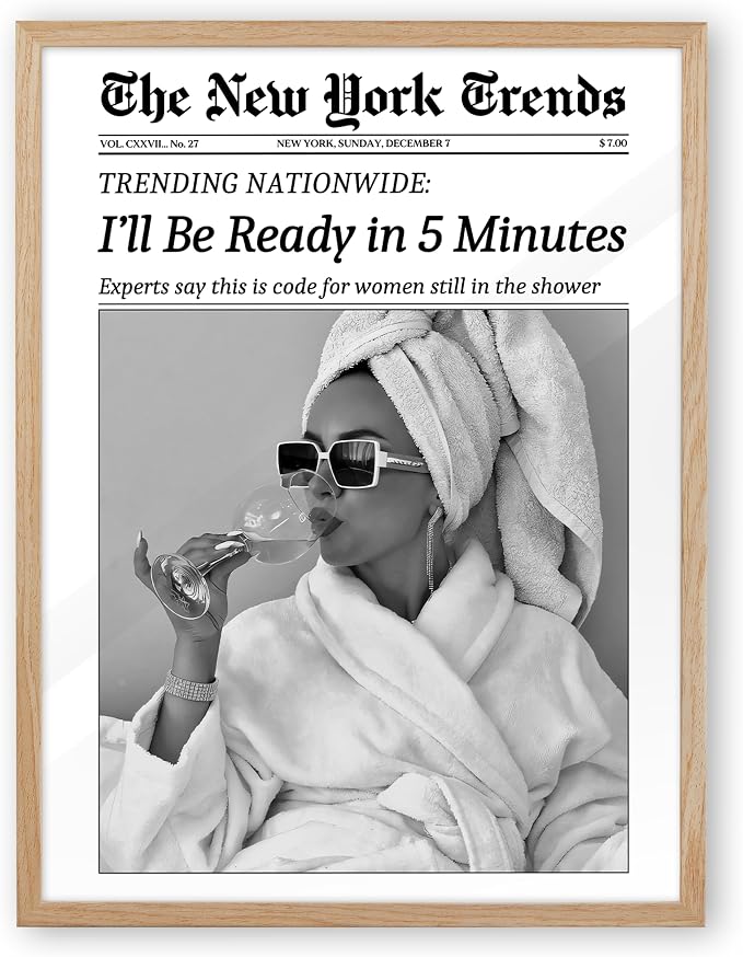 EcoHest 12x16 in I'll Be Ready in 5 Minutes Newspaper Framed Wall Art | Natural Oak Wood Frame with Canvas Wall Art, Feminist Newspaper Wall Decor for Bathroom, Bedroom, Apartment, Dorm Room, 1Pack